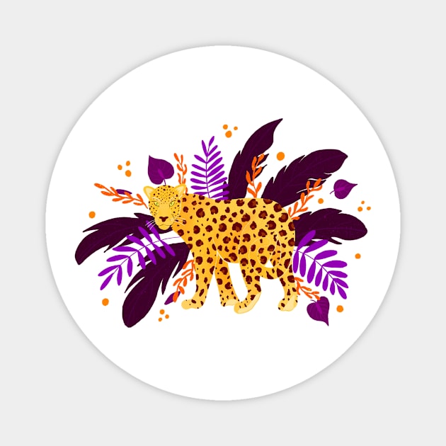 Leopard in the jungle - purple and yellow Magnet by Home Cyn Home 